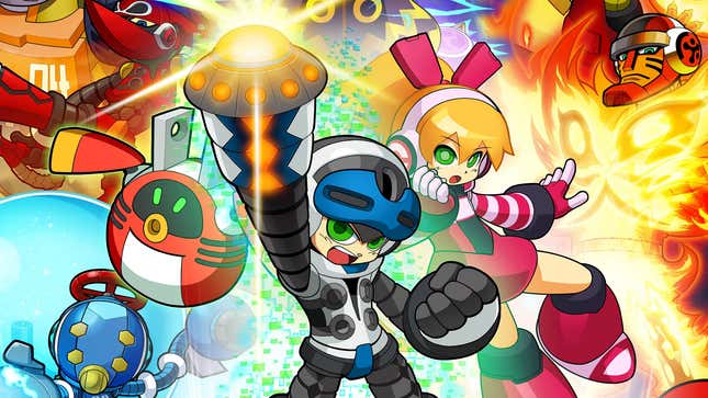 Mighty No. 9 holds up his blaster in key art. 