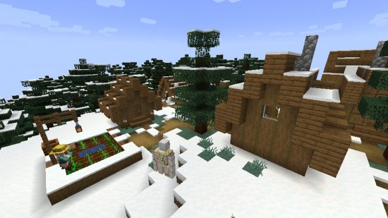 Minecraft village: A snowy taiga village with a farmer villager and an iron golem wandering around the meeting area.