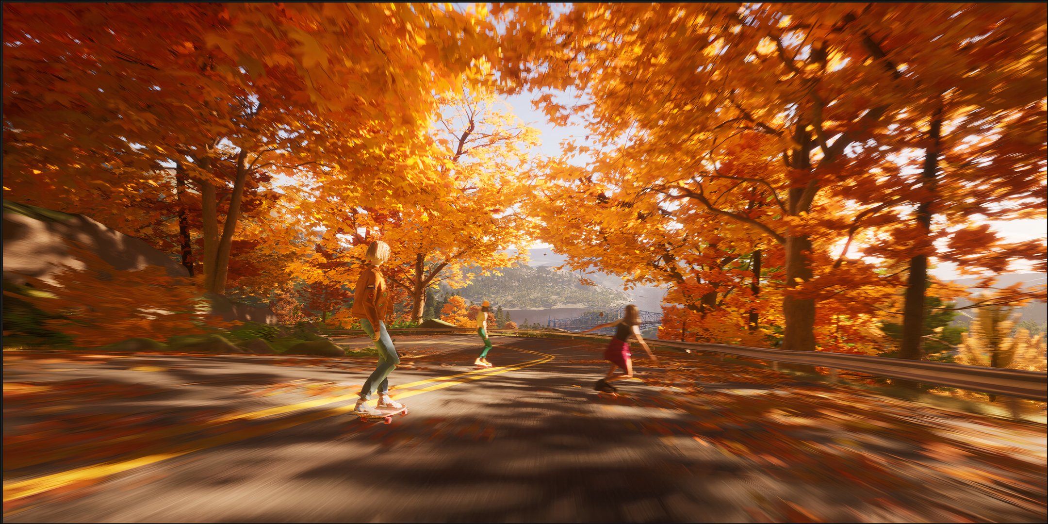 three characters skateboard down a hilly road surrounded by trees with orange leaves in mixtape