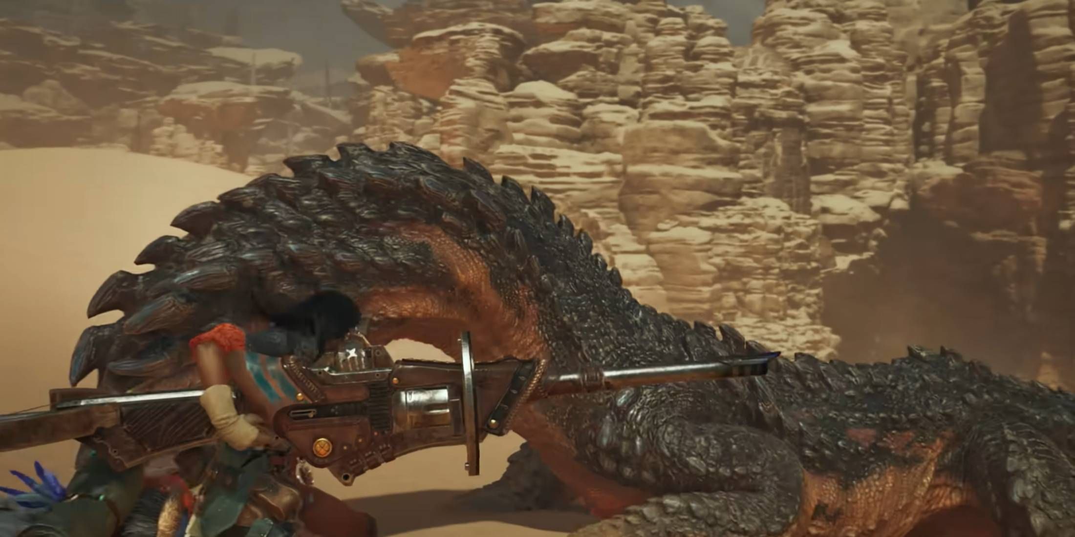 A hunter readying a bowgun in Monster Hunter Wilds