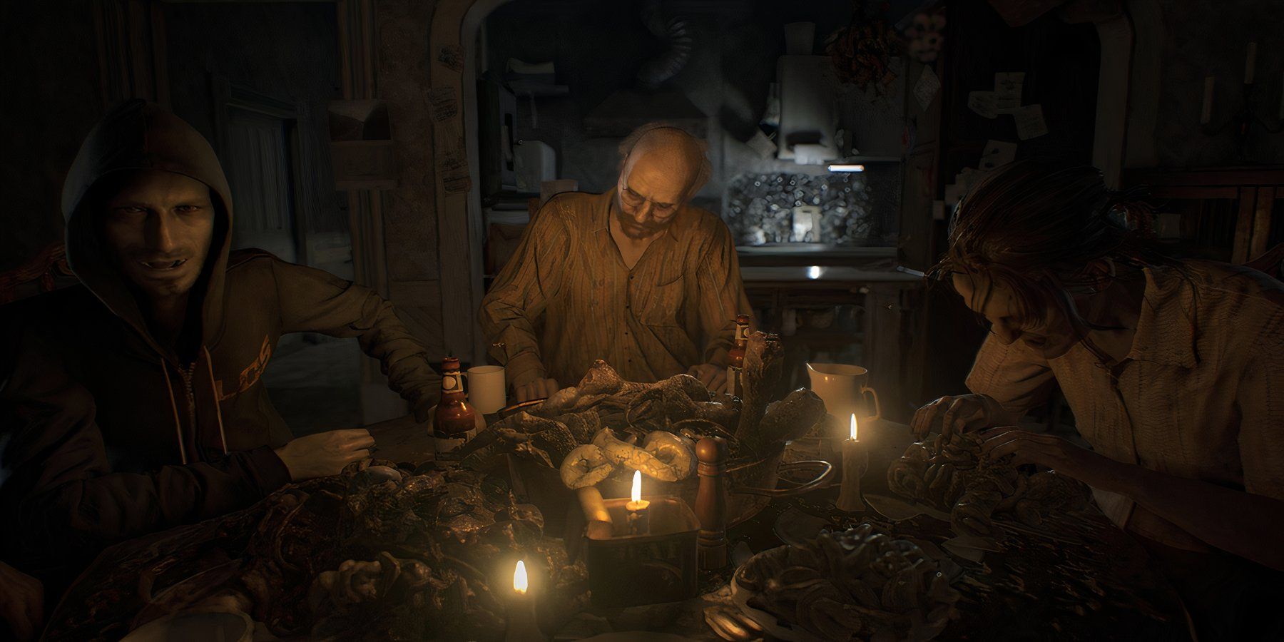 the baker family sitting around a table in resident evil 7: biohazard