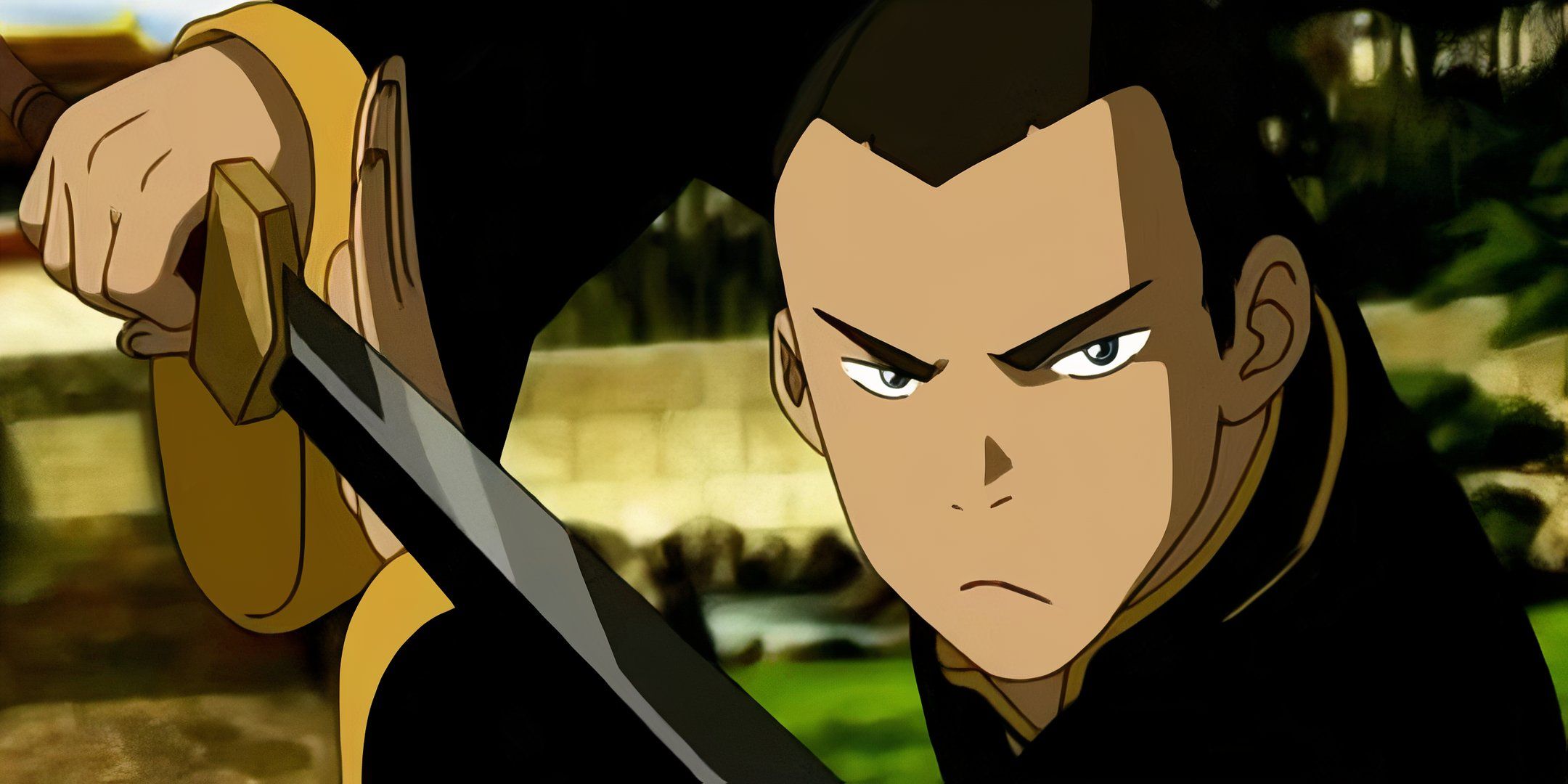 Sokka holding up his meteorite sword against Piandou in Avatar the last Airbender.