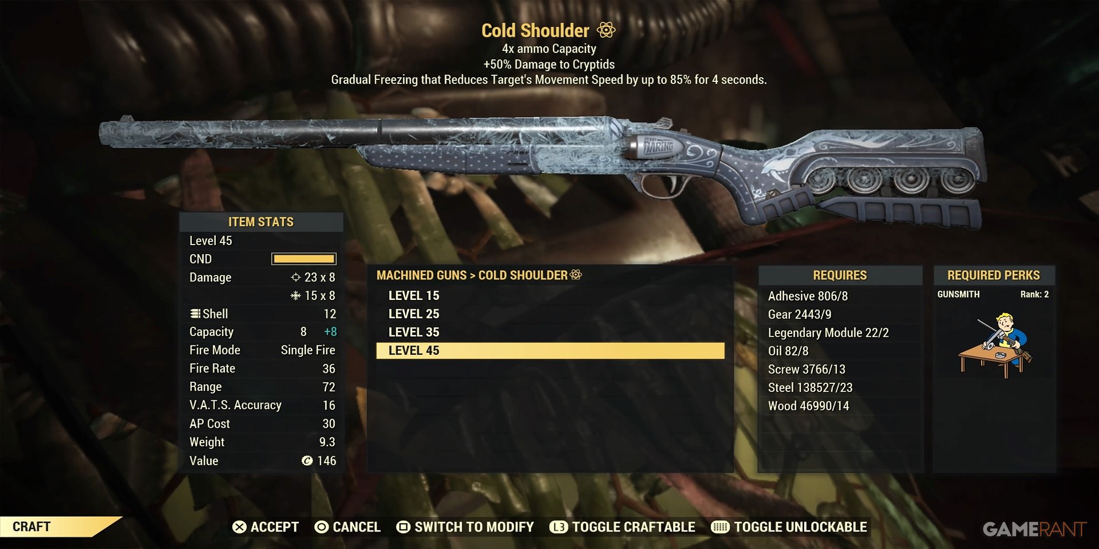 Crafting The Cold Shoulder in Fallout 76