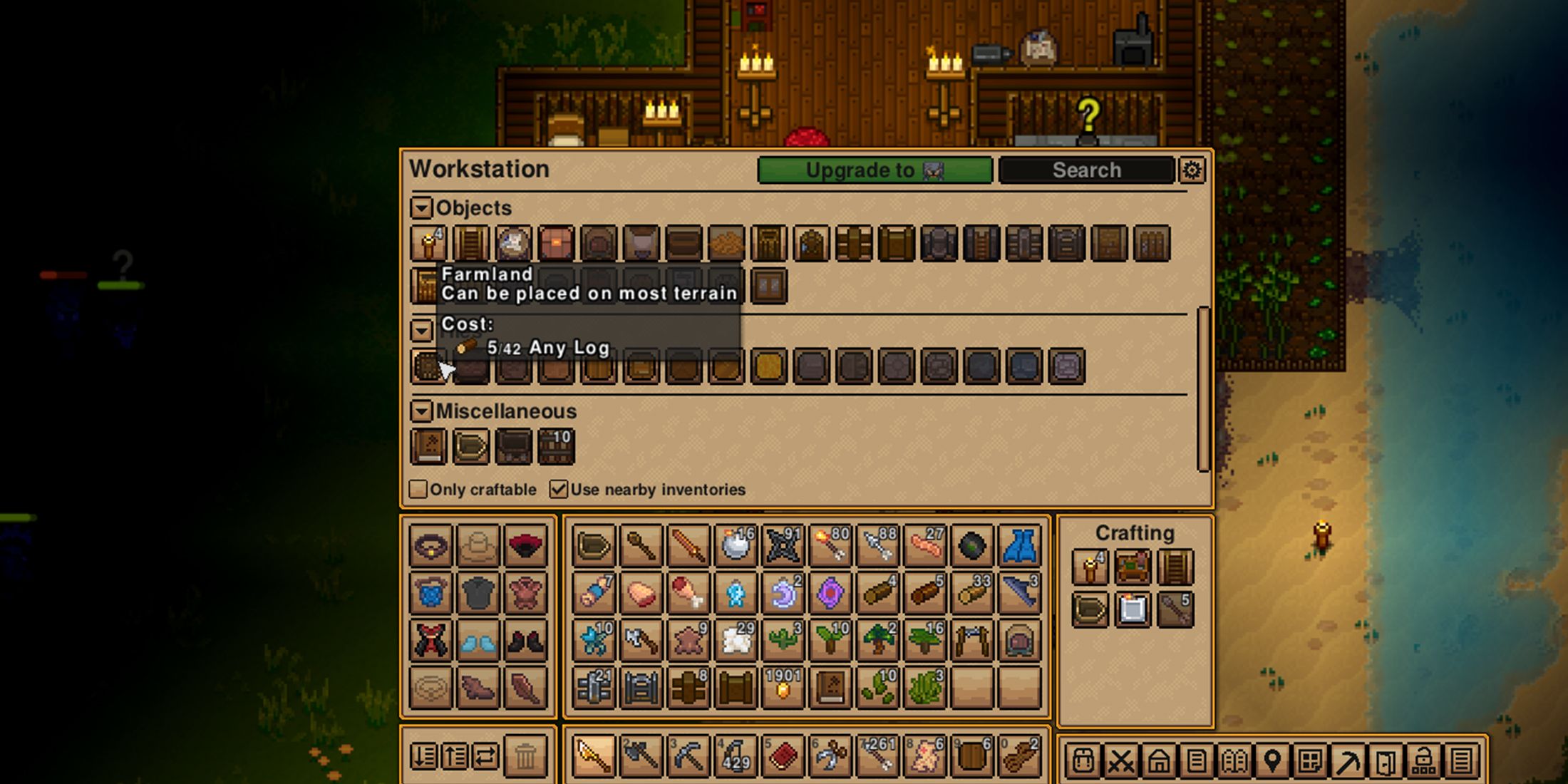 The player crafting farmland tiles in necesse