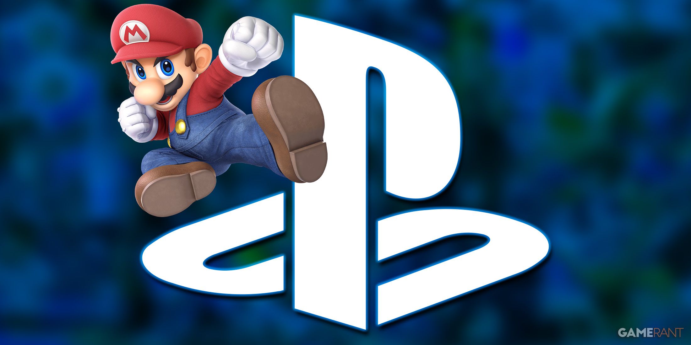 PlayStation logo emblem white and glowing next to Mario from Super Smash Bros Ultimate