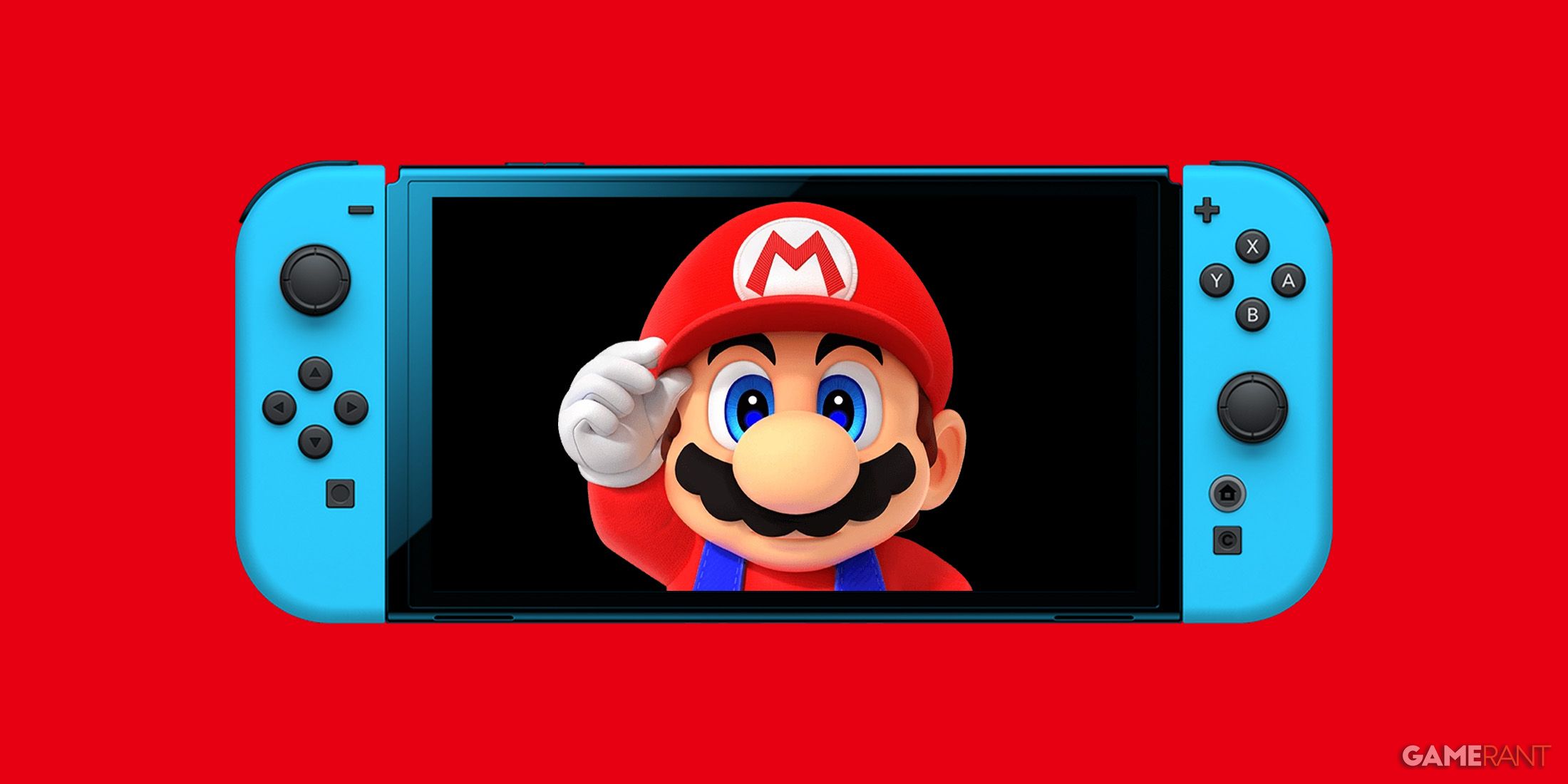 blue Nintendo Switch 2 mockup on red background displaying Super Mario 2x1 composite