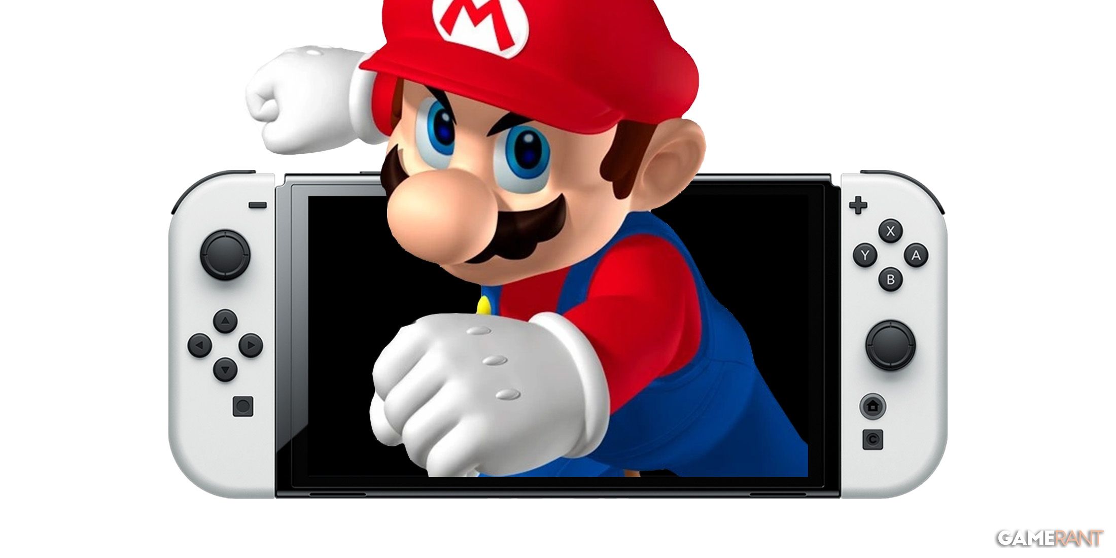 Super Mario exiting mockup Nintendo Switch 2 display getting ready to throw a punch 2x1 composite white background