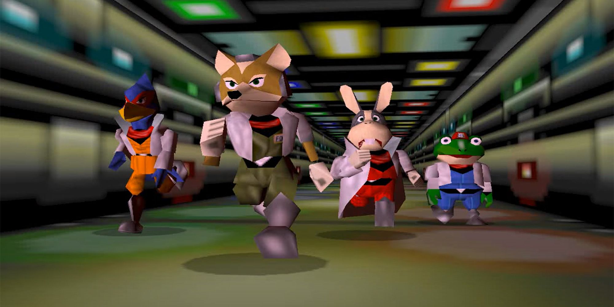 Fox, Falco, Peppy, and Slippy running through the Great Fox in Star 64