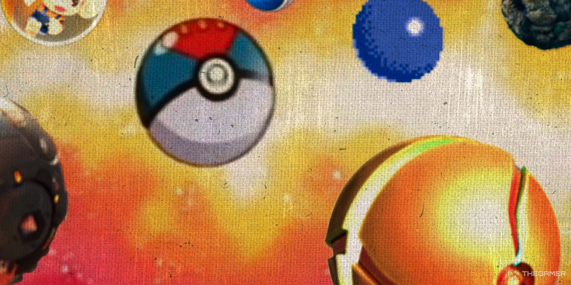 Collage of video game balls including Lure Ball from Pokemon and Samus in Morph Ball form.