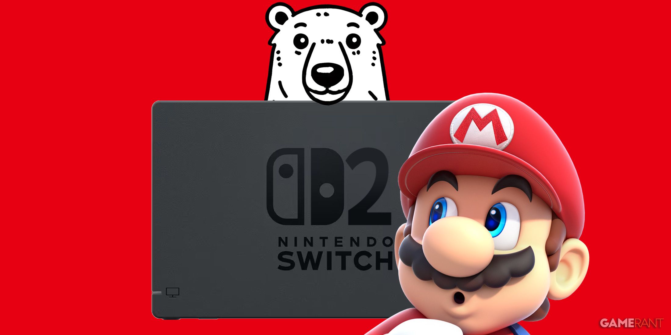 Nintendo Switch 2 dock mockup with surprised-looking Mario and smiling polar bear doodle