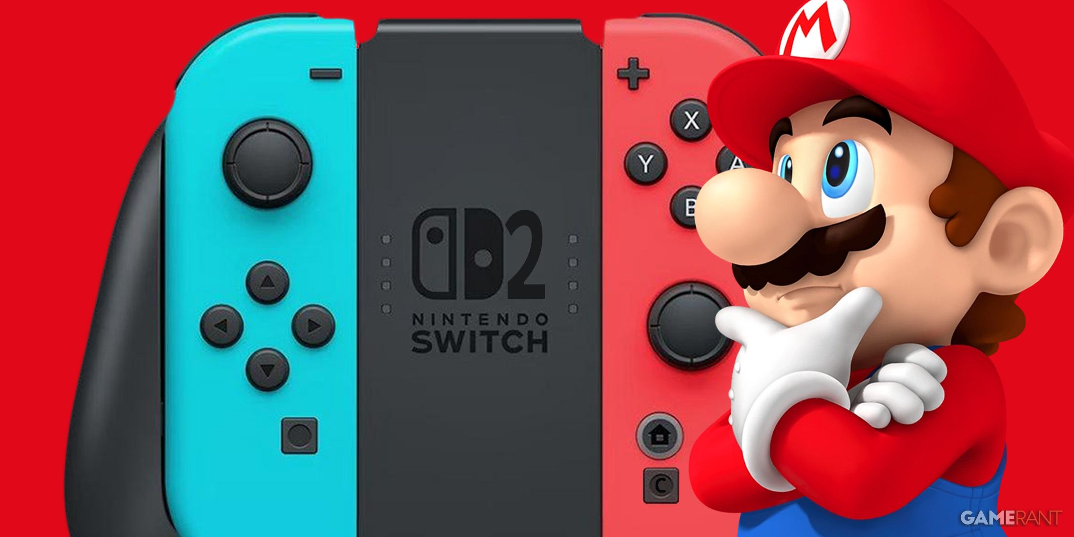 Super Mario thinking next to Switch 2 Joy-Cons in grip 2x1 composite red background