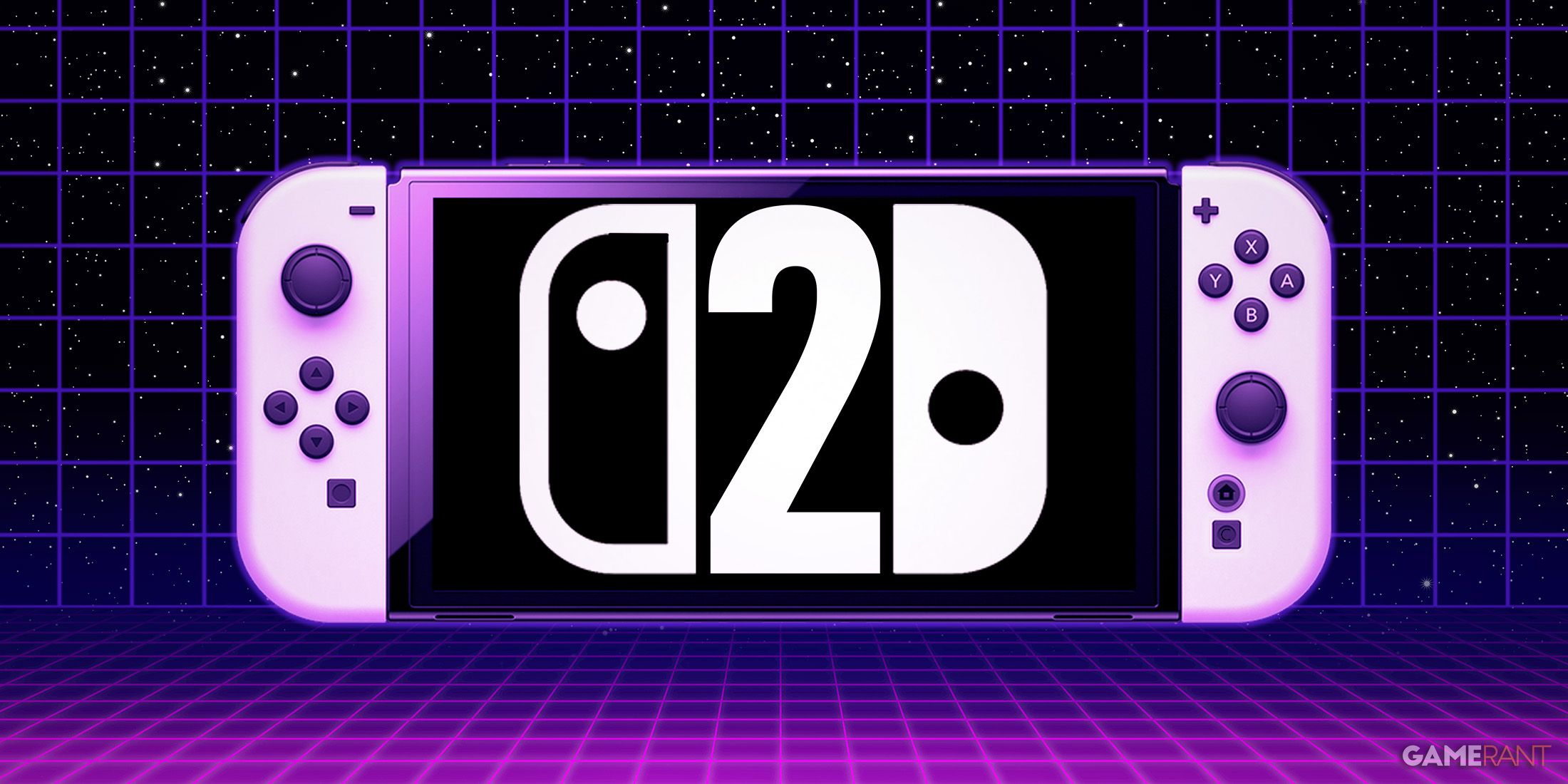 Nintendo Switch 2 mockup on vaporwave purple background 2x1 composite