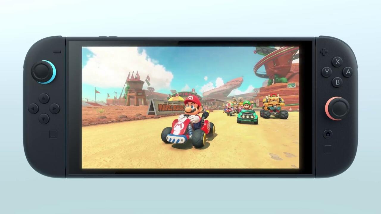 The Nintendo Switch 2 running a new Mario Kart as seen in the official console reveal trailer.