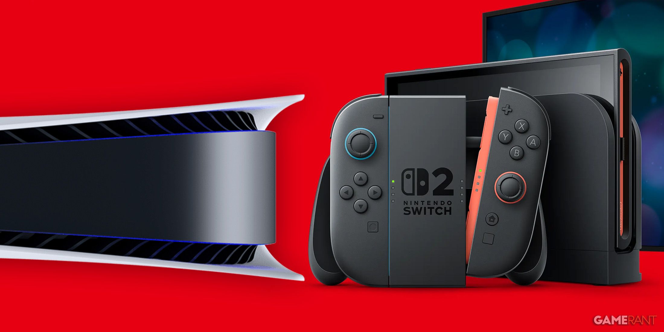 Nintendo Switch 2 next to horizontal PS5 2x1 composite