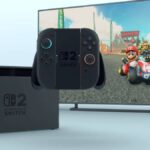 Nintendo Switch 2 next to TV with controller grip and JoyCons hovering