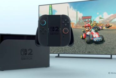 Nintendo Switch 2 next to TV with controller grip and JoyCons hovering