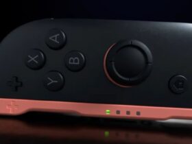 The switch 2 right joy-con on its side looking liek a computer mouse attached to some device