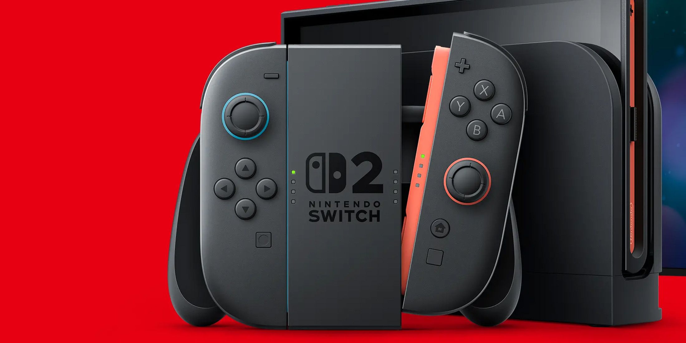 Nintendo Switch 2 Joy Cons in grip promo image on red background