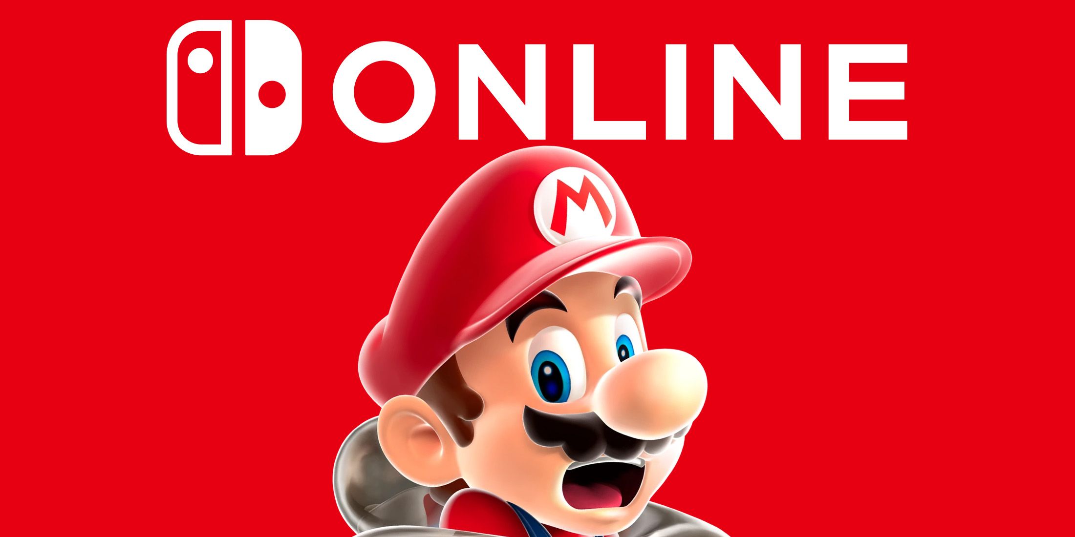 Nintendo Switch Online logo above Super Mario looking shocked scared on red background