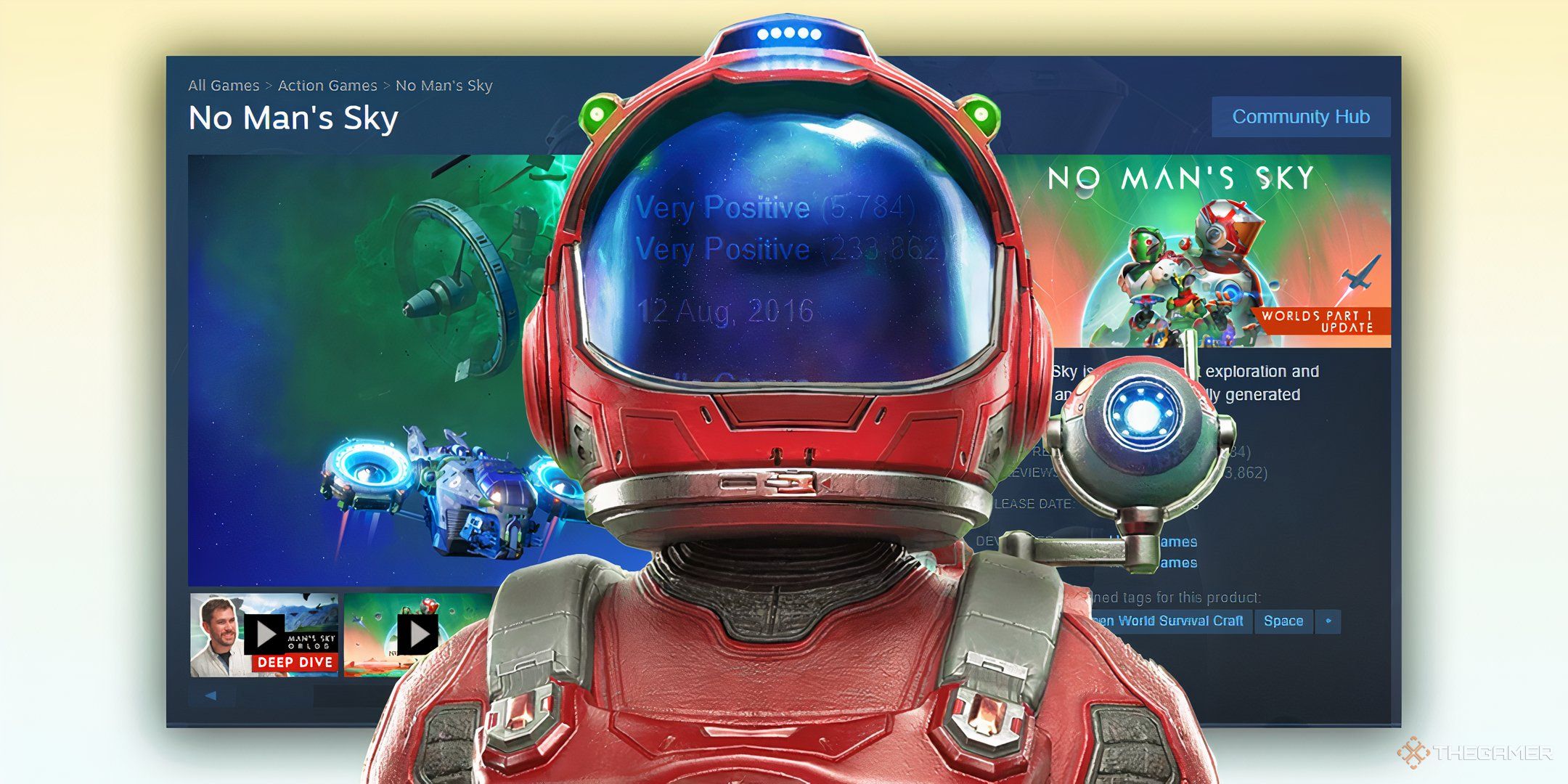 No Mans Sky Very Positive reviews, spaceman standing in front of steam store page