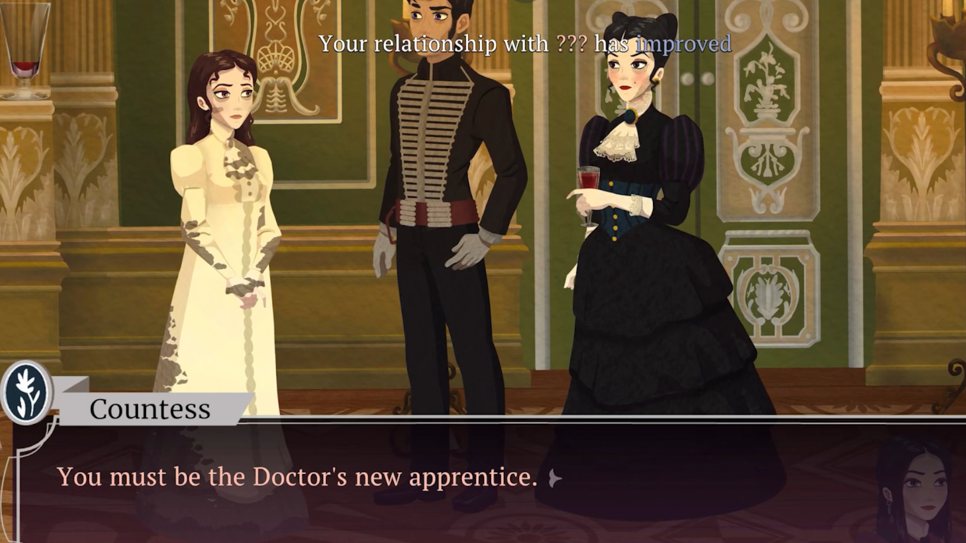 A screenshot of Liza in rags at the vampire party during Chapter one of the demo in Cabernet.