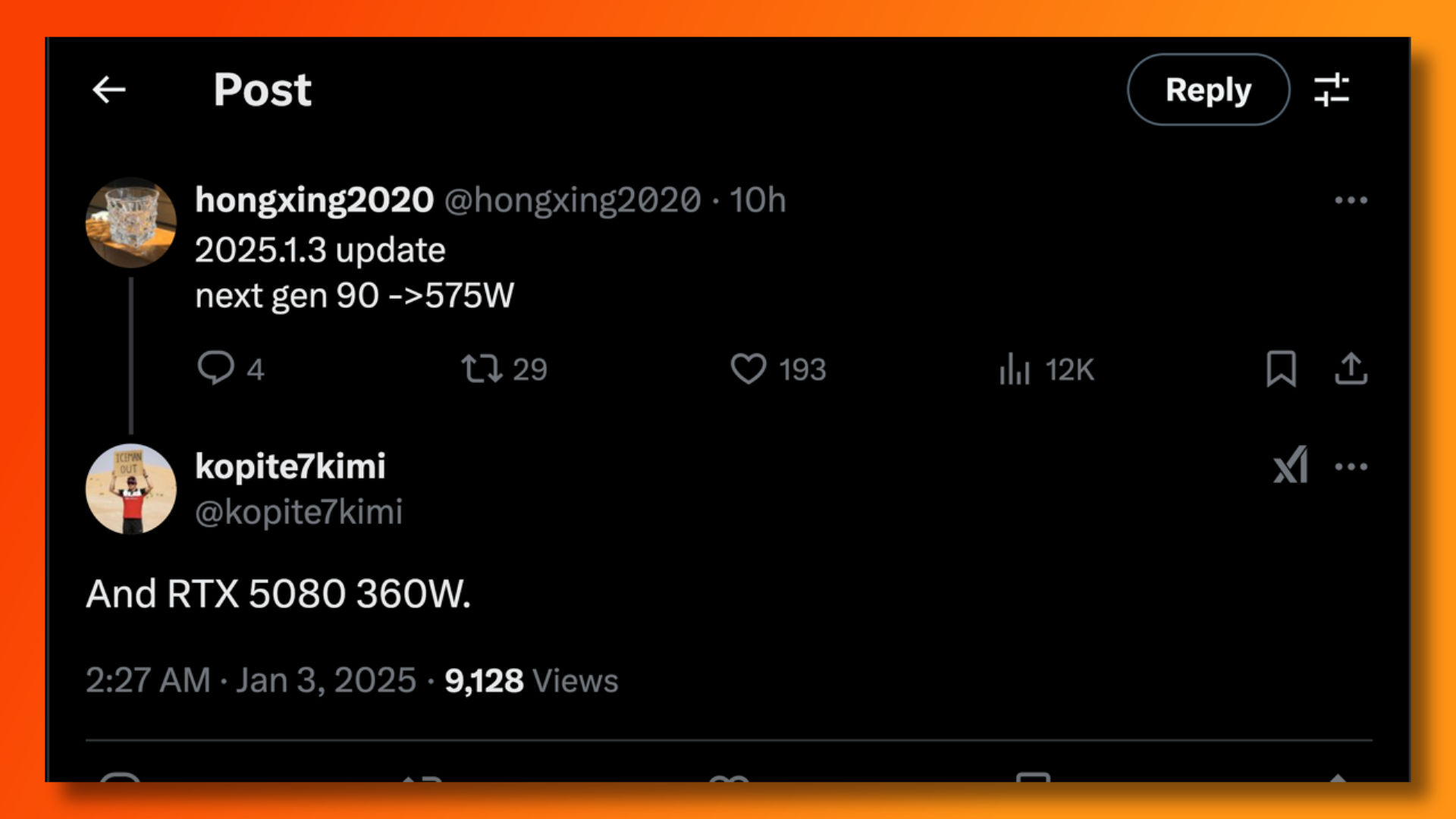 X thread showing RTX 5090 and RTX 5080 power rumors