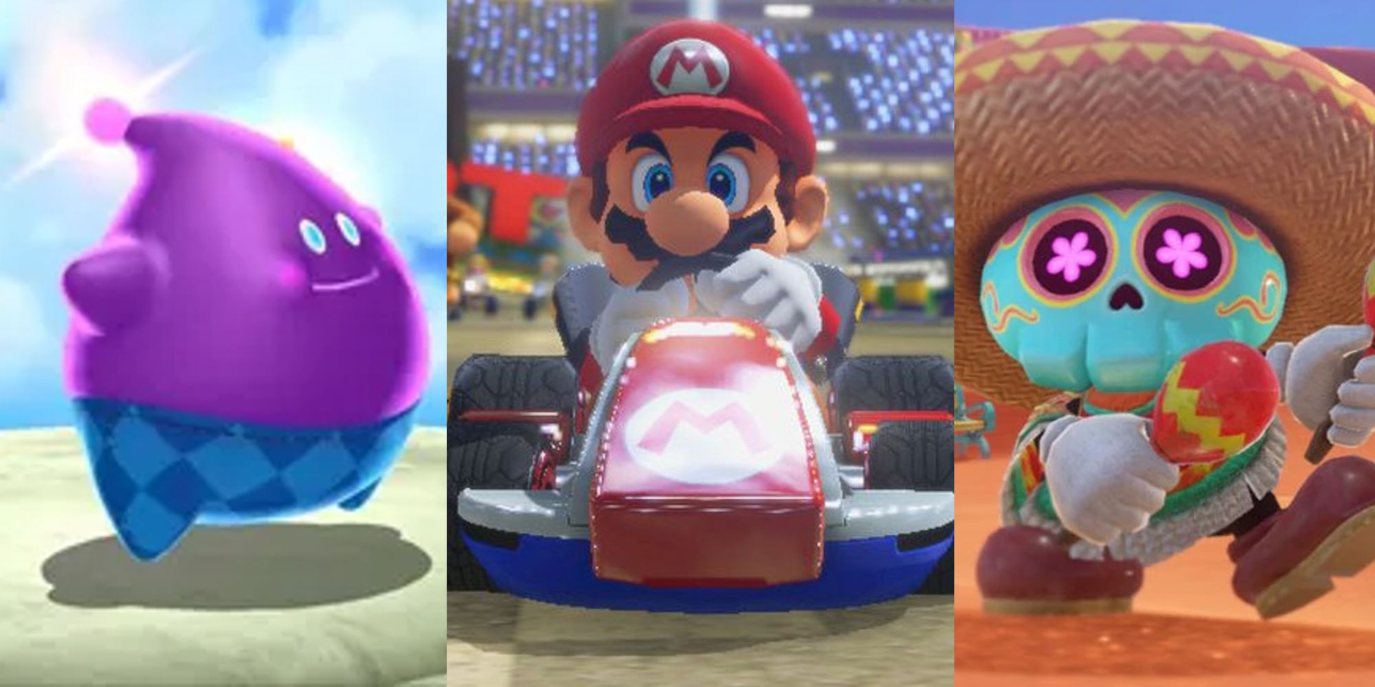 Lubba in Mario Galaxy 2; Mario racing in Mario Kart 8; a Tostarenan dancing