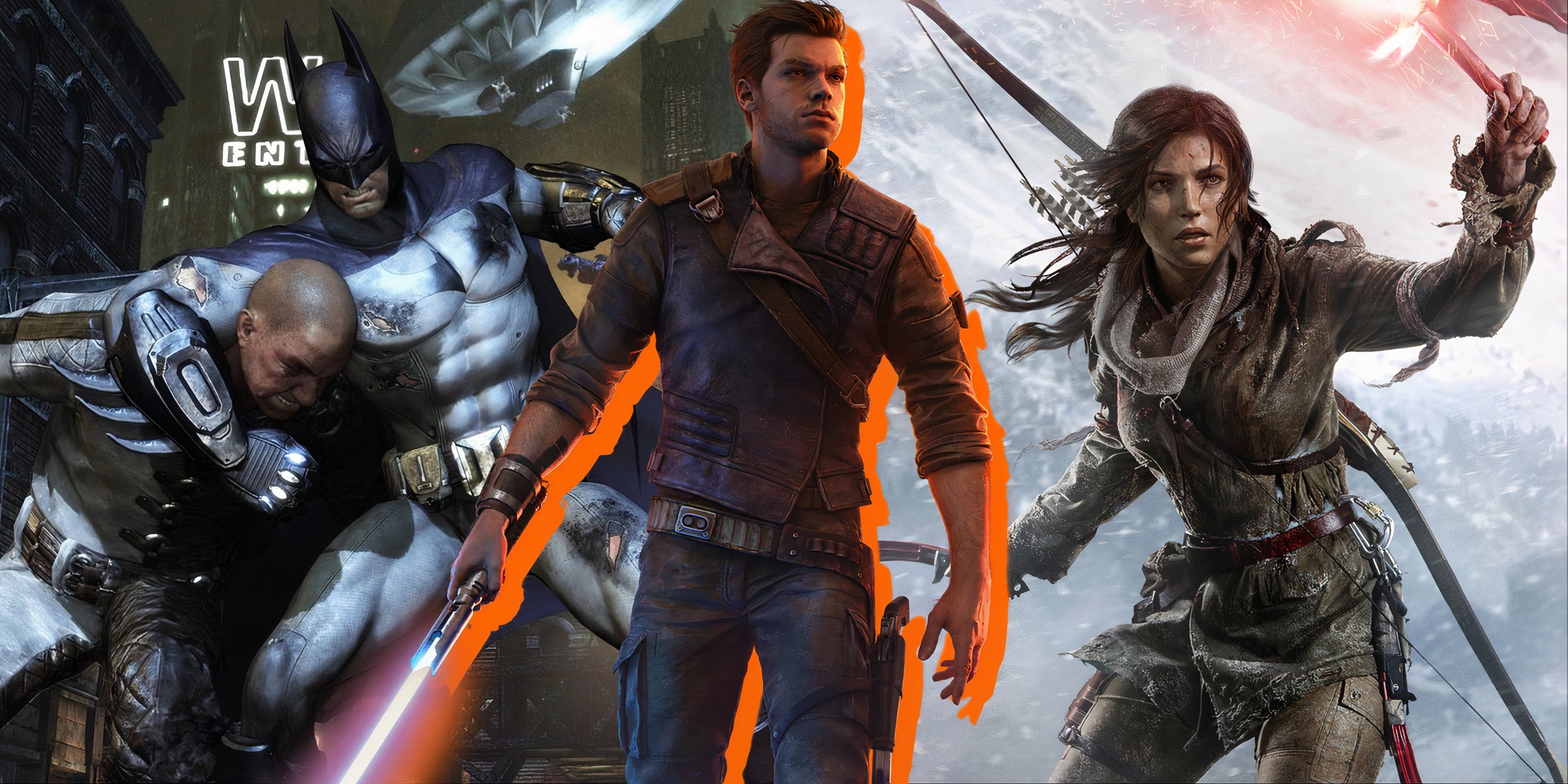 Split image of Batman Arkham City, Star Wars Jedi Survivor, and Rise Of The Tomb Raider