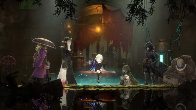 The characters of Ender Magnolia stand in a dark jungle-like environment.