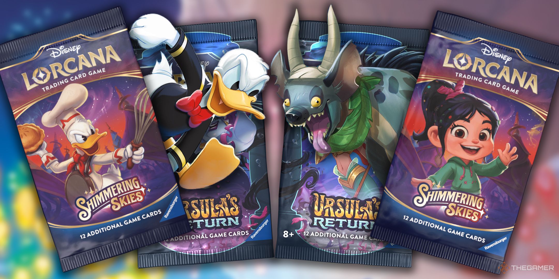 Lorcana Pack Rush, showing Donald and a Hyena among Lorcana booster packs.