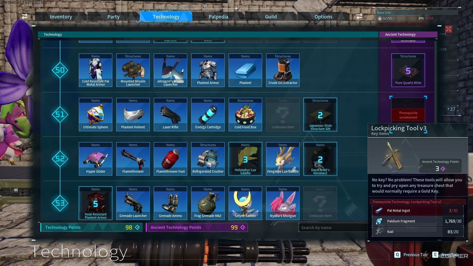 The image shows the Lockpicking Tool V3 from the Technology menu in Palworld.