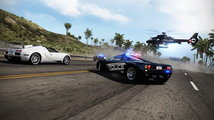 Screenshot from Need for Speed Hot Pursuit Remastered showing a police car and helicopter