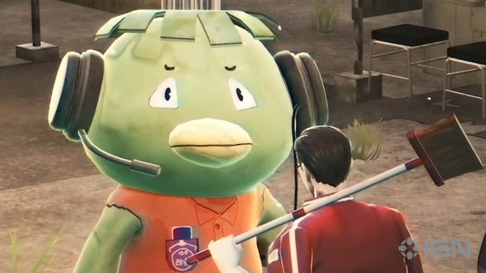 Promise Mascot Agency trailer screenshot showing giant green bird-like mascot character