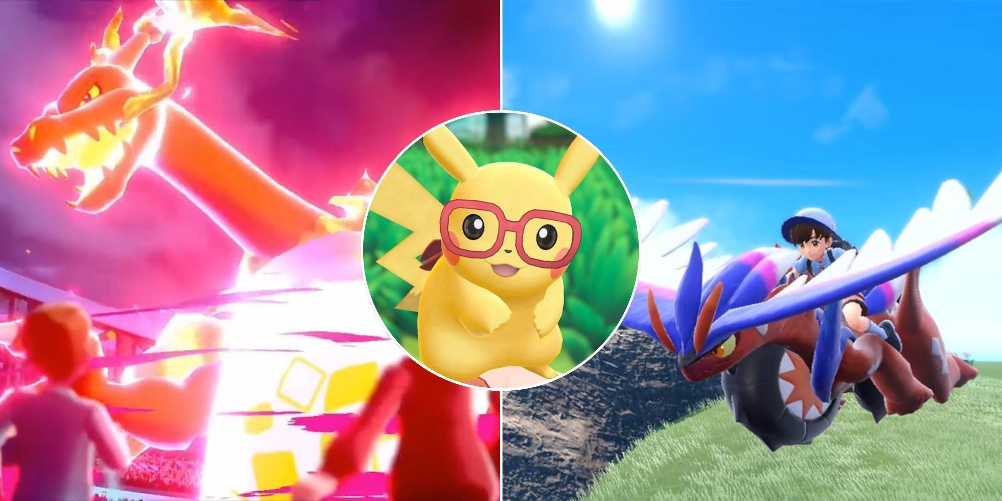 A collage of 3 controversial Pokemon games that deserve a second chance: Sword and Shield, Let's Go Pikachu and Let's Go Eevee and Scarlet and Violet.