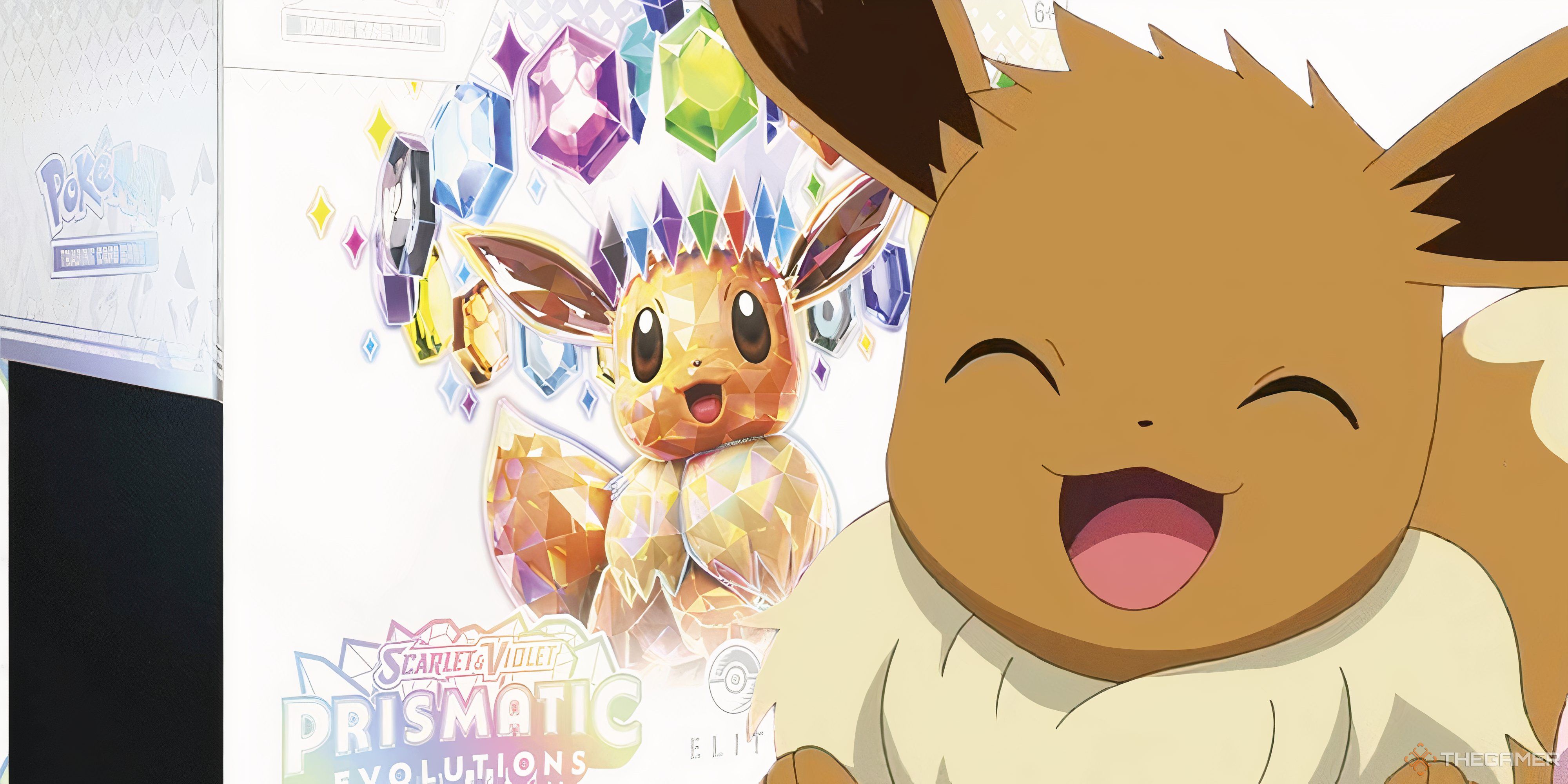 a happy eevee next to a prismatic evolutions elite trainer box.