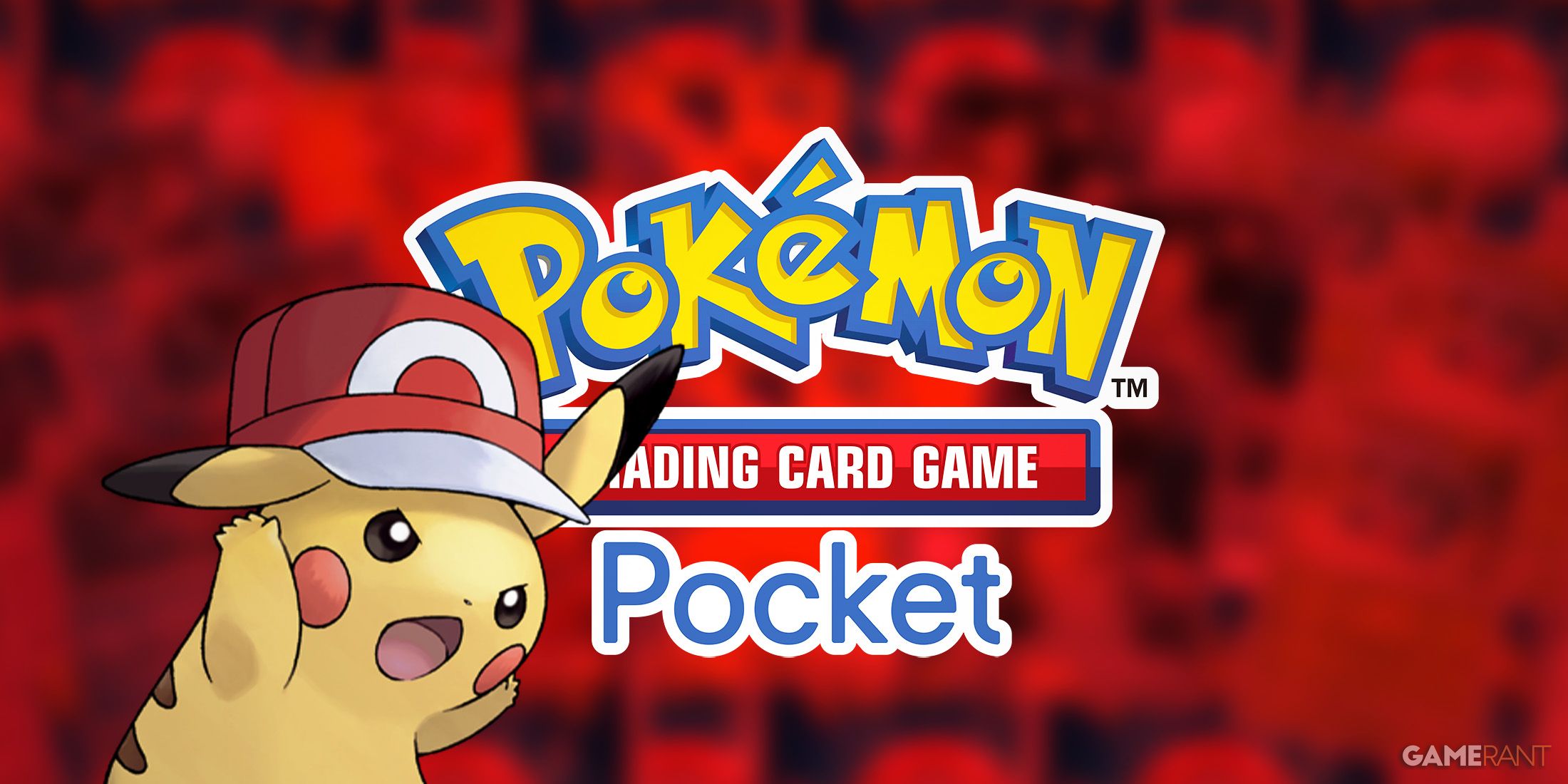 Pokemon TCG Pocket logo red background angry Pikachu with red hat 2x1 composite