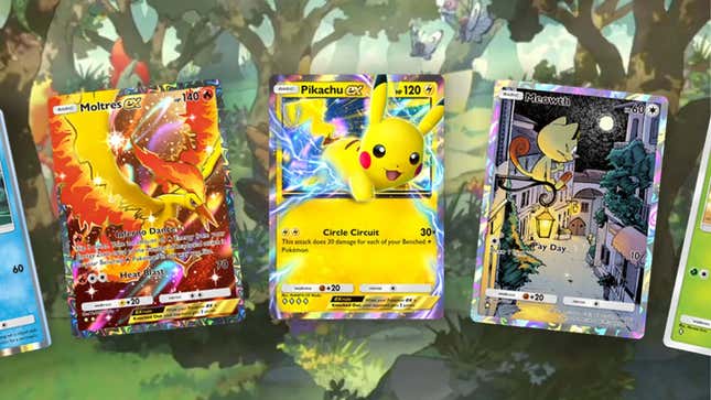 Pikachu Ex and other cards appear in front of forest art. 