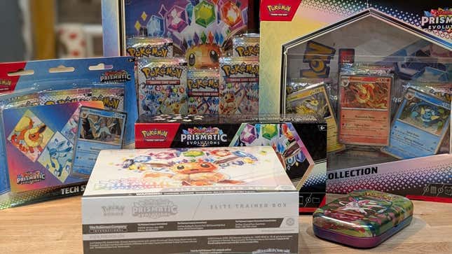 A photograph of all the boxes of Prismatic Evolutions products.