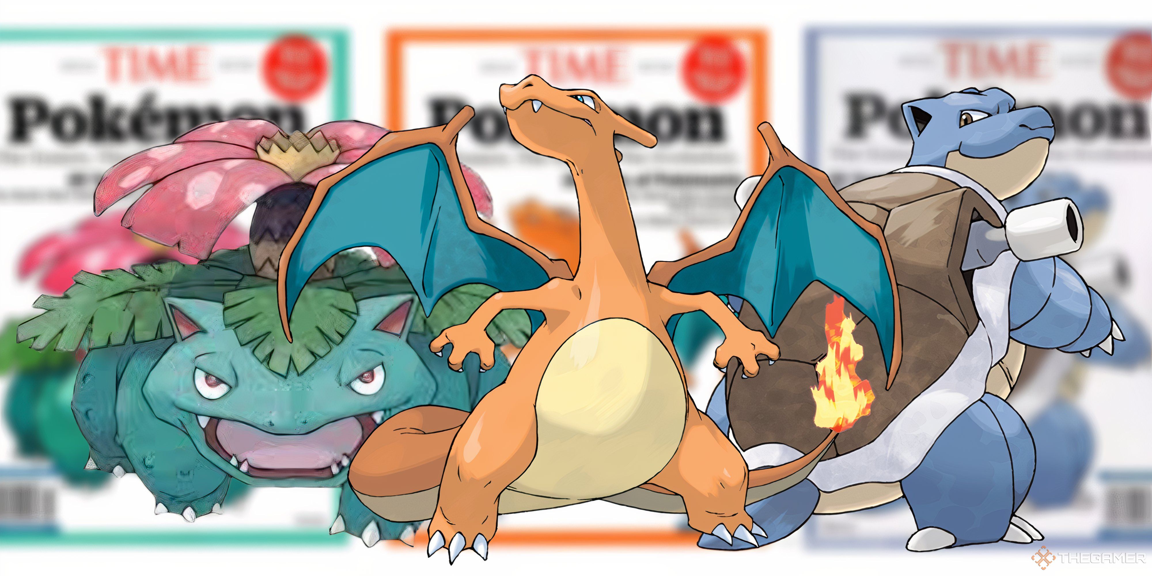 venasaur charizard and blastoise on a blurred image of their time magazine covers.