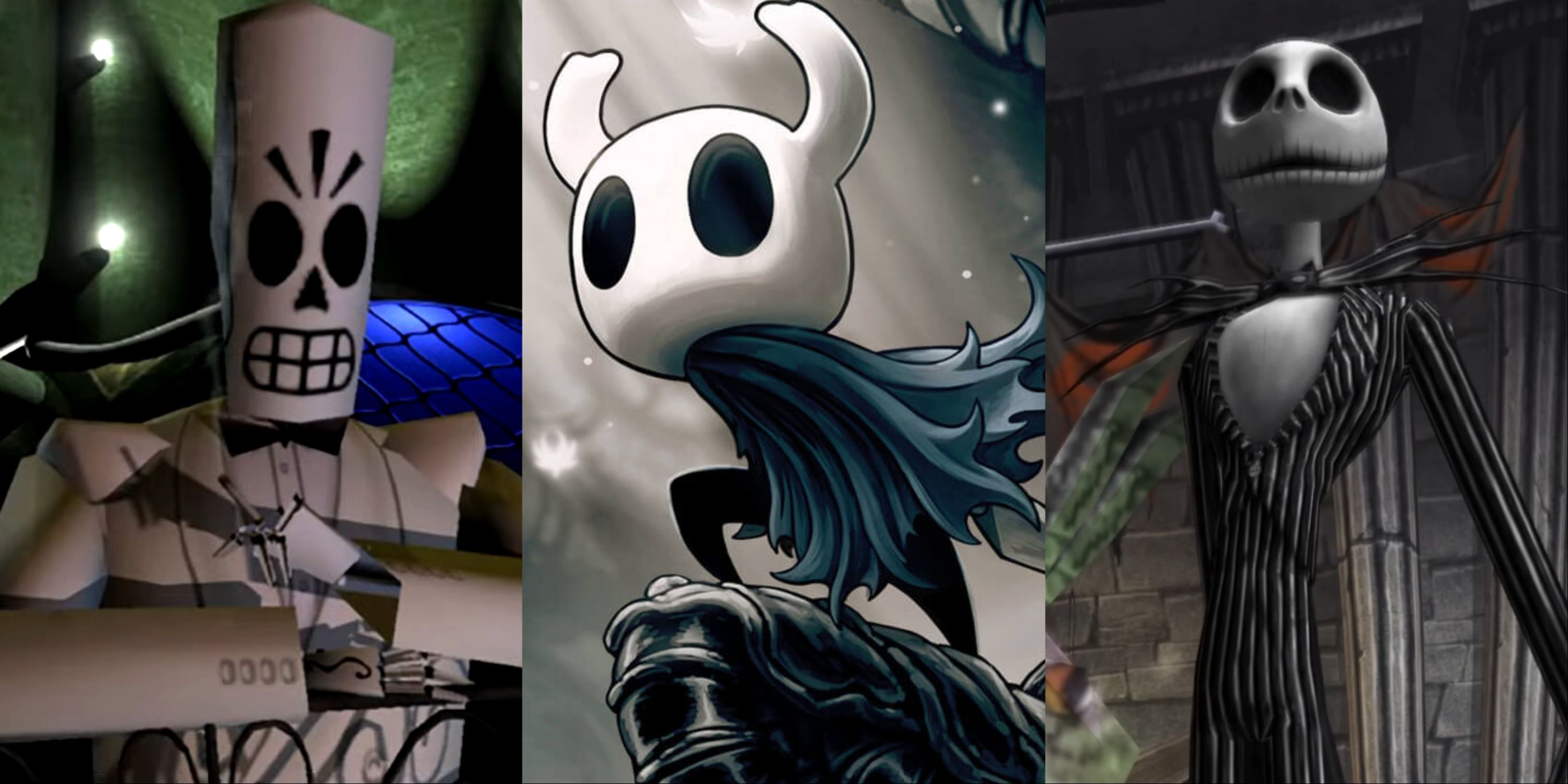 Split image of Grim Fandango, Hollow Knight, and The Nightmare Before Christmas Oogie's Revenge