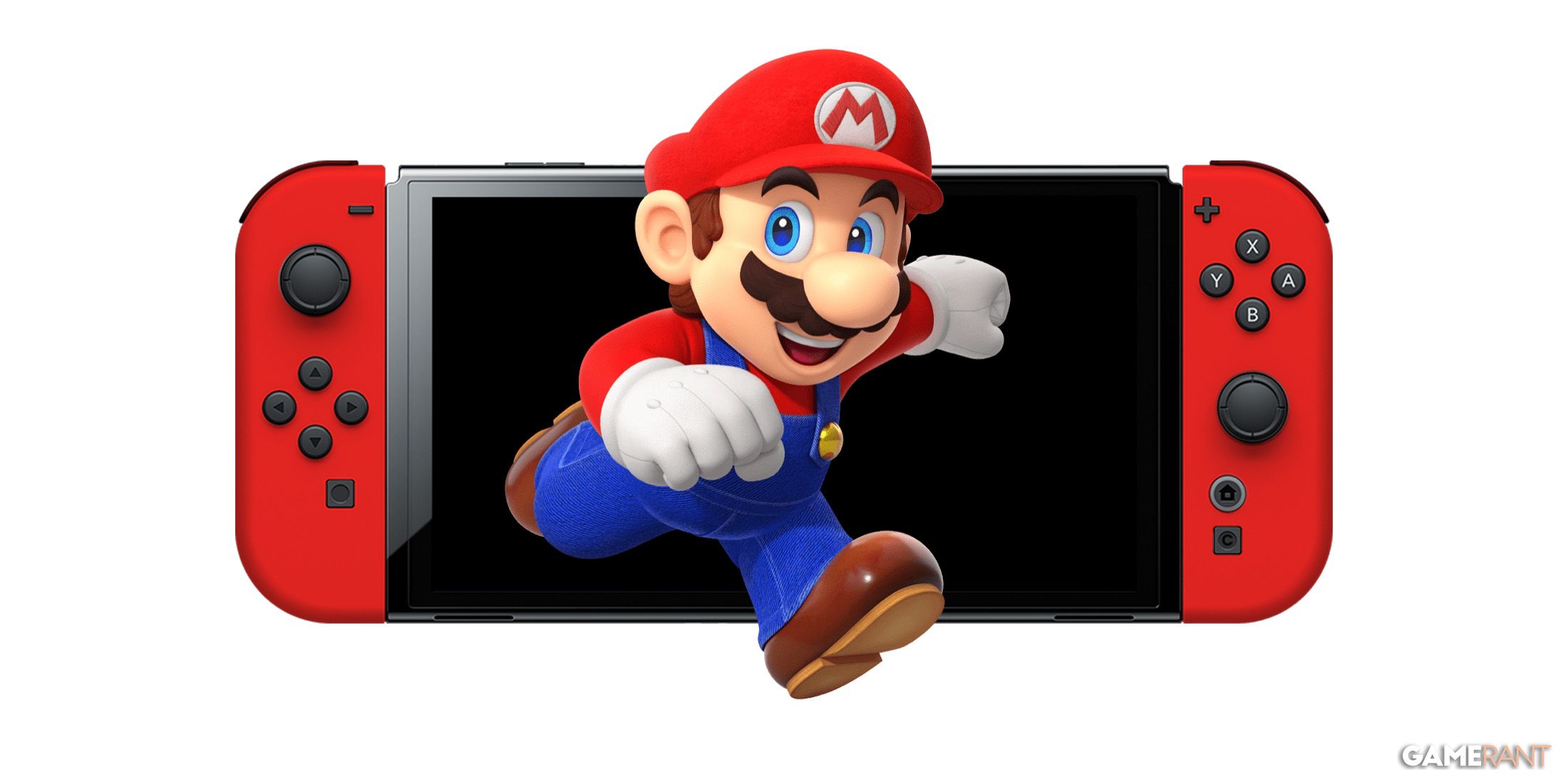 Super Mario running outside of Nintendo Switch 2 mockup white background 2x1 composite