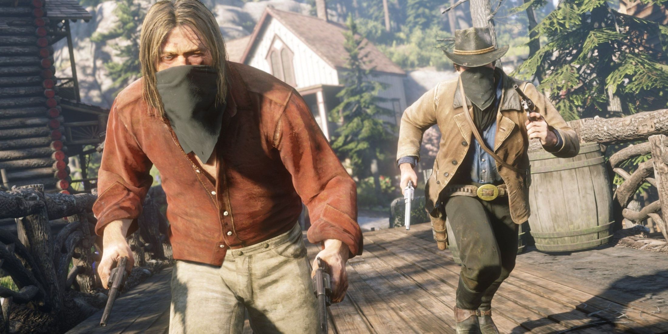 Arthur Morgan and Micah Bell from Red Dead Redemption 2 running in Strawberry