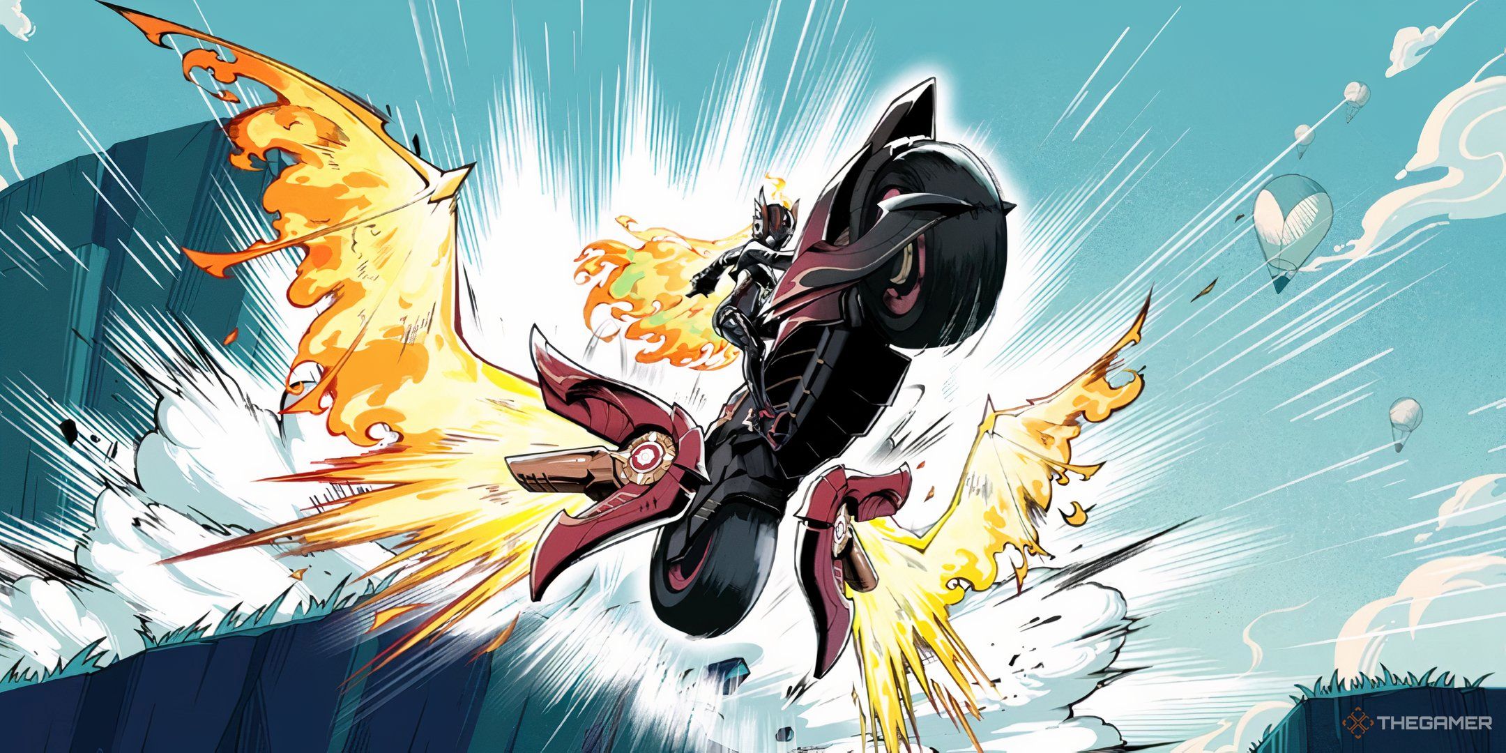 Mavuika, the Pyro Archon in Genshin Impact, riding on her motorbike, sprouting wings of fire and flying into the skies.