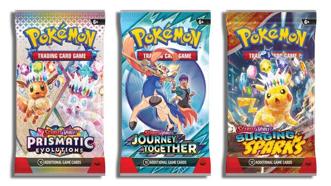 Three different Pokemon card booster packs that you cannot buy.