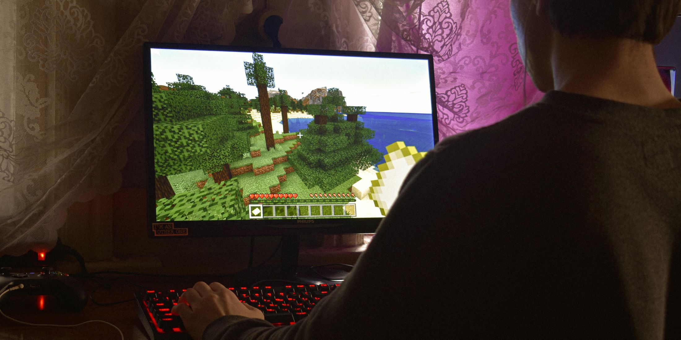 Generic representation of a guy playing with minecraft on what seems to be an AIO computer.