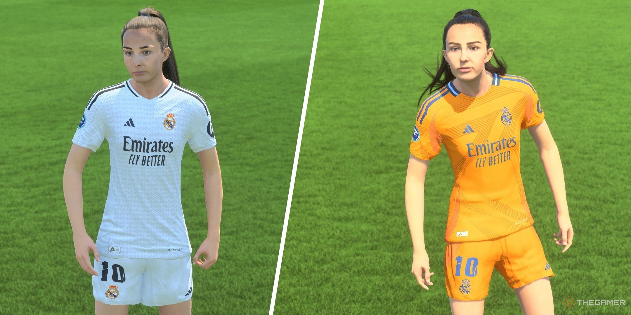 A split image of Caroline Weir in a white kit and yellow kit in EA Sports FC 25.