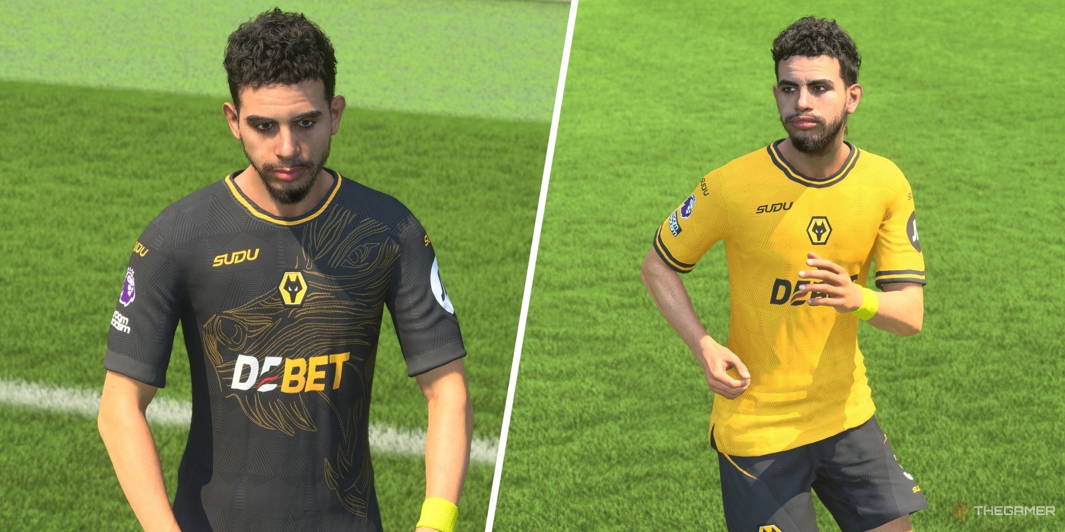 A split image of Rayan Ait-Nouri in yellow and black kits in EA Sports FC 25.