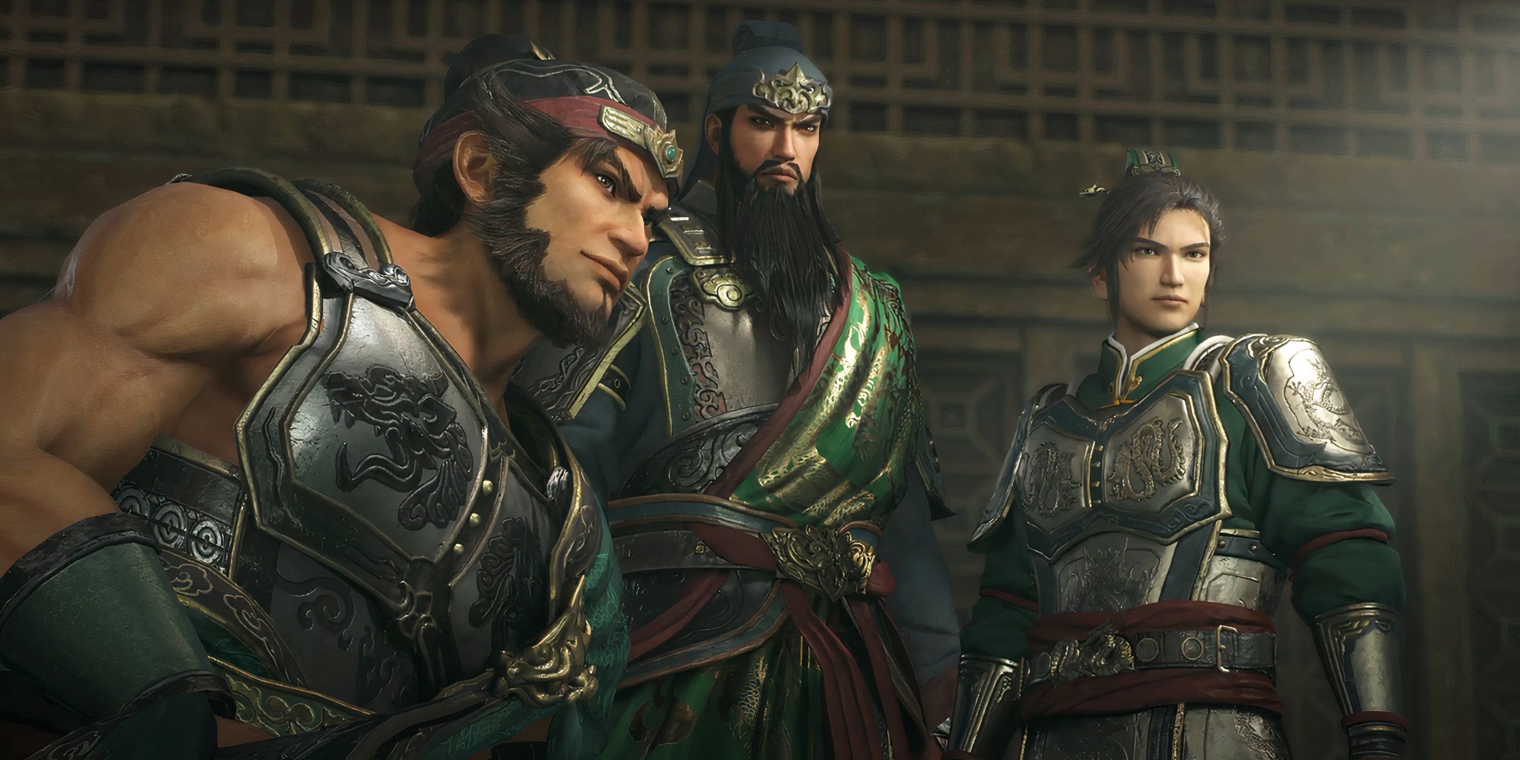 The Leaders of Shu, Liu Bei, Guan Yu, and Zhang Fei in Dynasty Warriors: Origins.