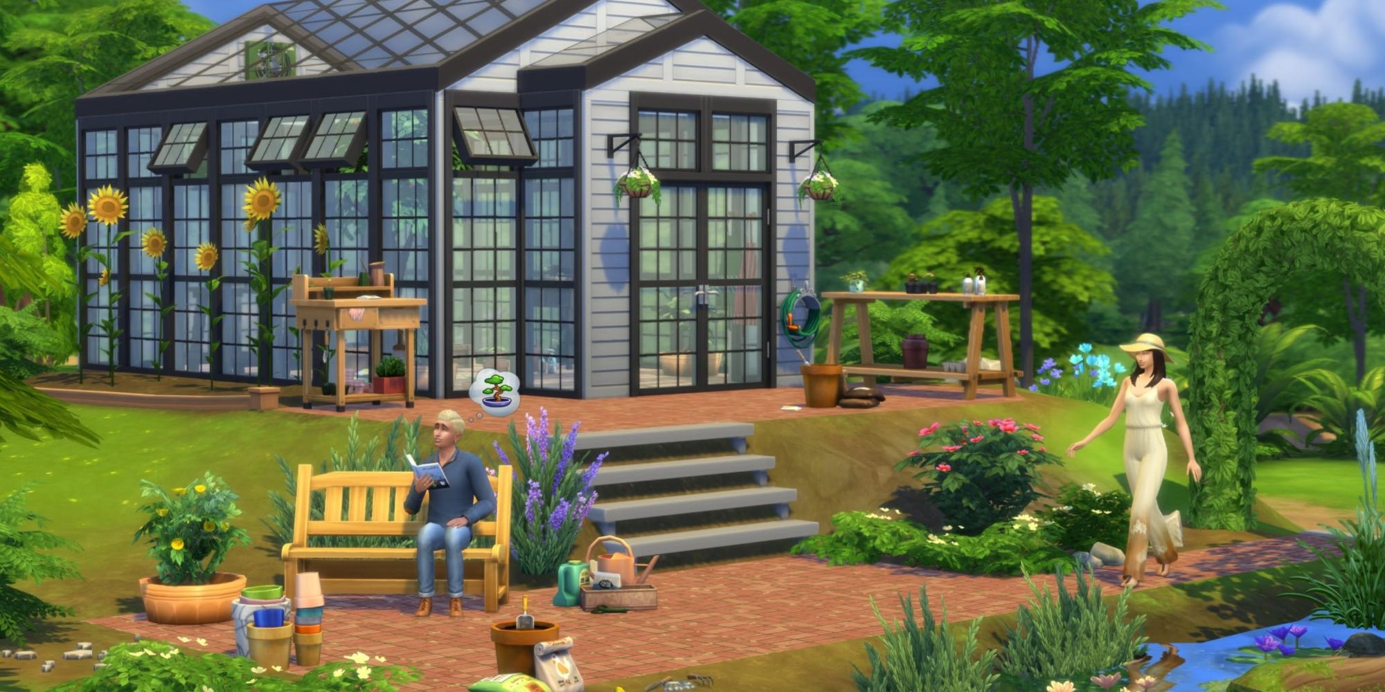 Image of a Greenhouse with a Sim sitting outside of it, an official screenshot from the Greenhouse Haven from The Sims 4.