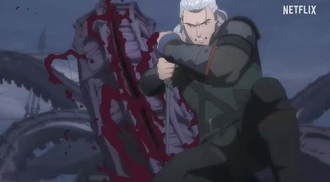 Geralt stabs a sea creature in an animated movie.